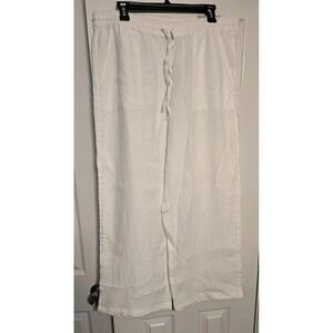 Chicos White 100% Linen Drawstring Pockets Straight Wide Leg Pants Womens 14 NWT